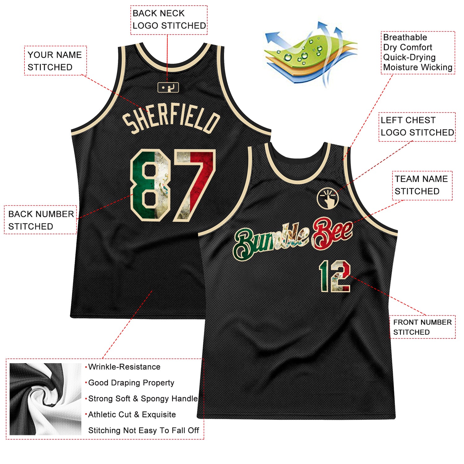 Custom Black Vintage Mexican Flag-Cream Authentic Throwback Basketball Jersey