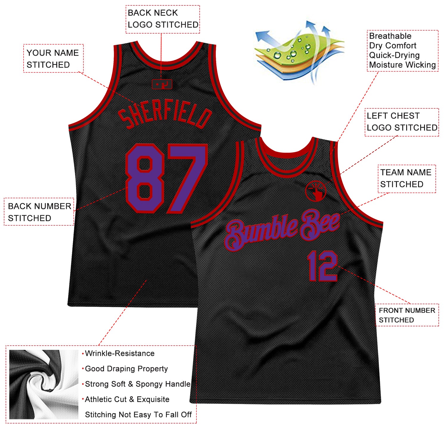 Custom Black Purple-Red Authentic Throwback Basketball Jersey