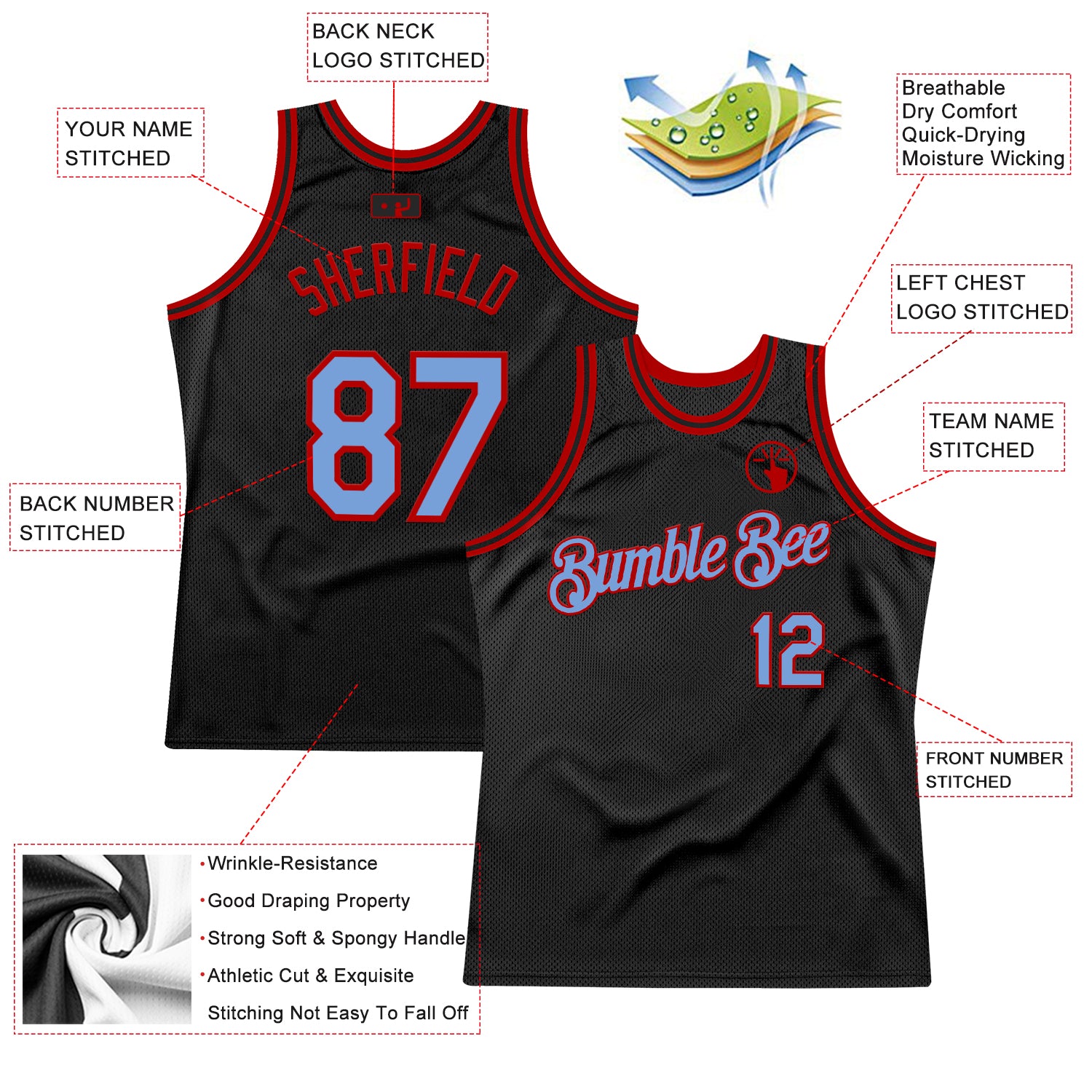 Custom Black Light Blue-Red Authentic Throwback Basketball Jersey