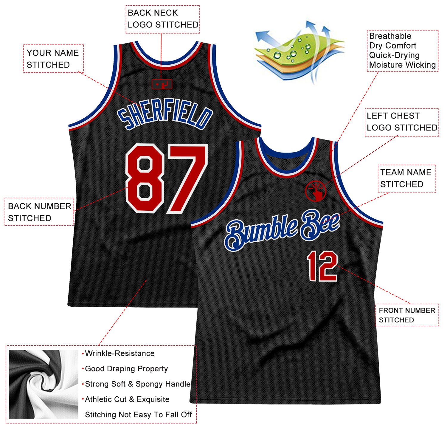 Custom Black Red-Royal Authentic Throwback Basketball Jersey
