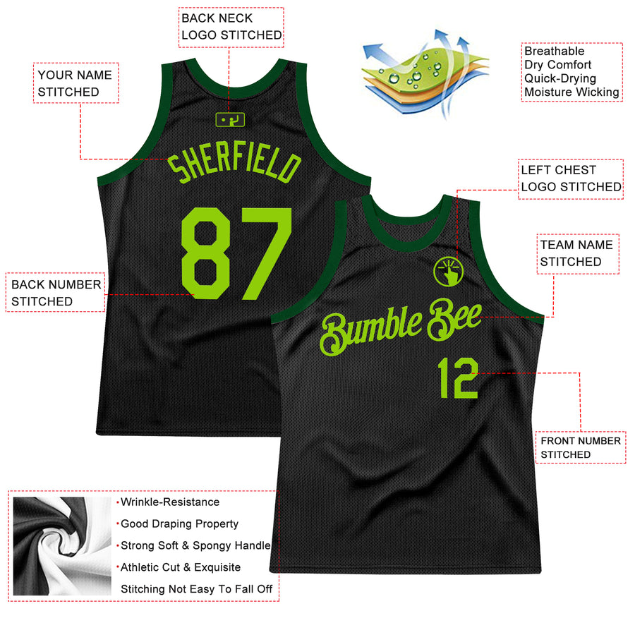 Custom Black Neon Green-Green Authentic Throwback Basketball Jersey