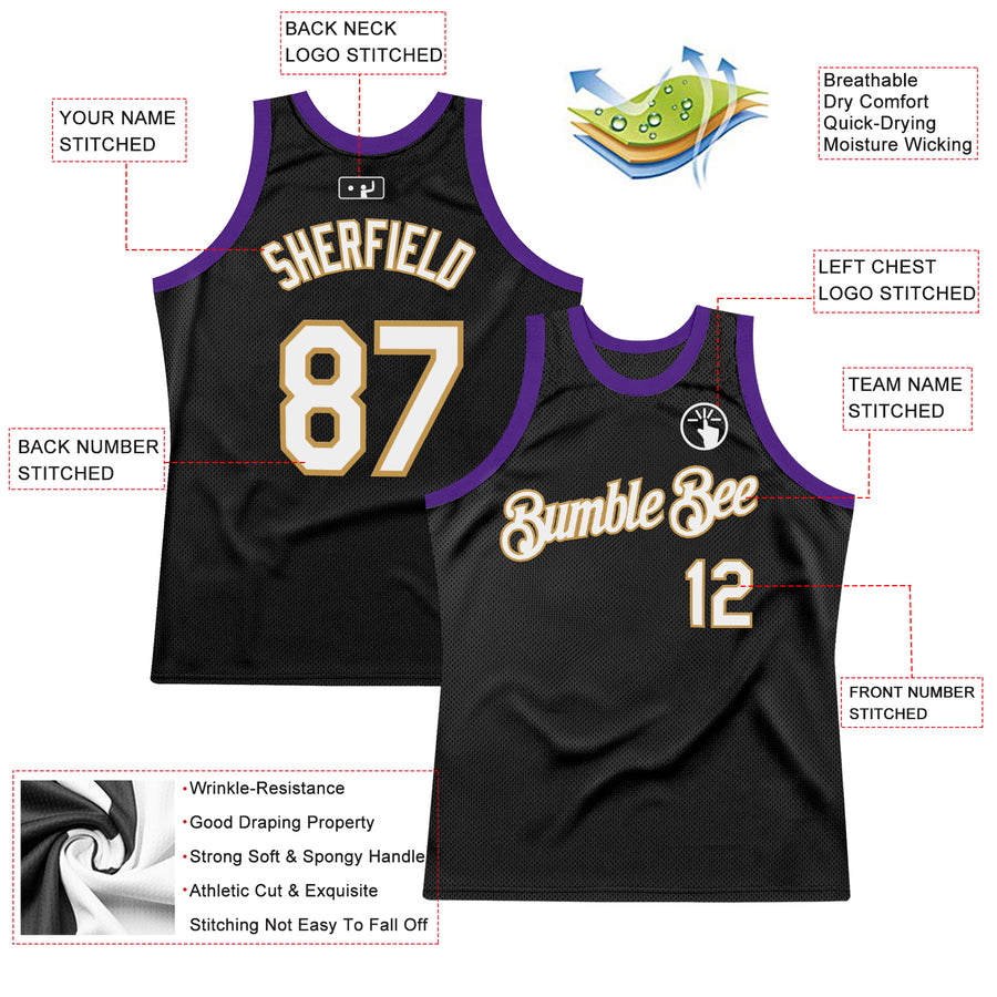Custom Black Old Gold-Purple Authentic Throwback Basketball Jersey