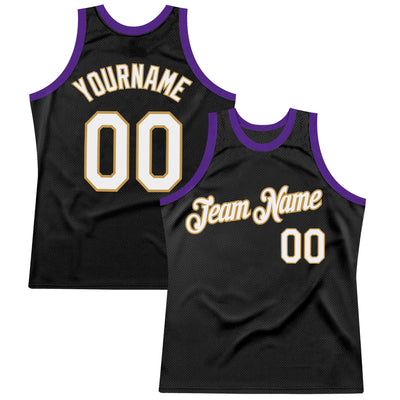 Custom Black Old Gold-Purple Authentic Throwback Basketball Jersey