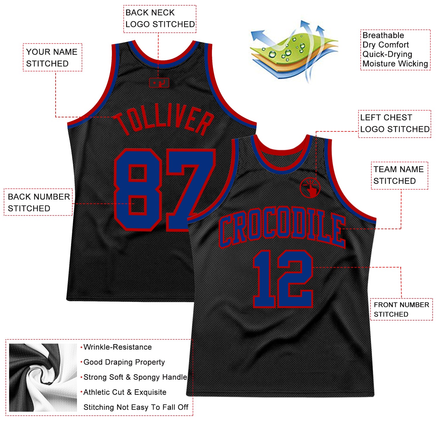 Custom Black Royal-Red Authentic Throwback Basketball Jersey