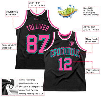 Custom Black Pink Aqua-White Authentic Throwback Basketball Jersey