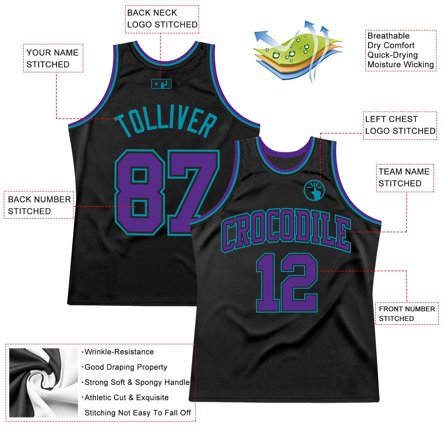 Custom Black Purple-Teal Authentic Throwback Basketball Jersey
