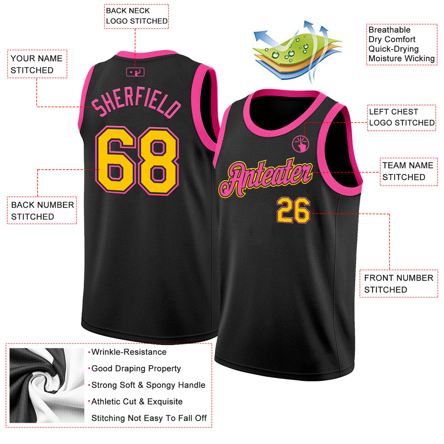 Custom Black Yellow-Pink Authentic Basketball Jersey