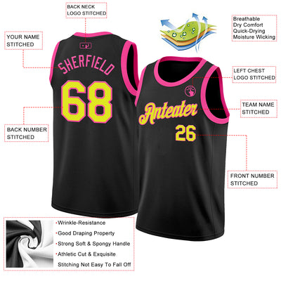 Custom Black Neon Yellow-Pink Authentic Basketball Jersey