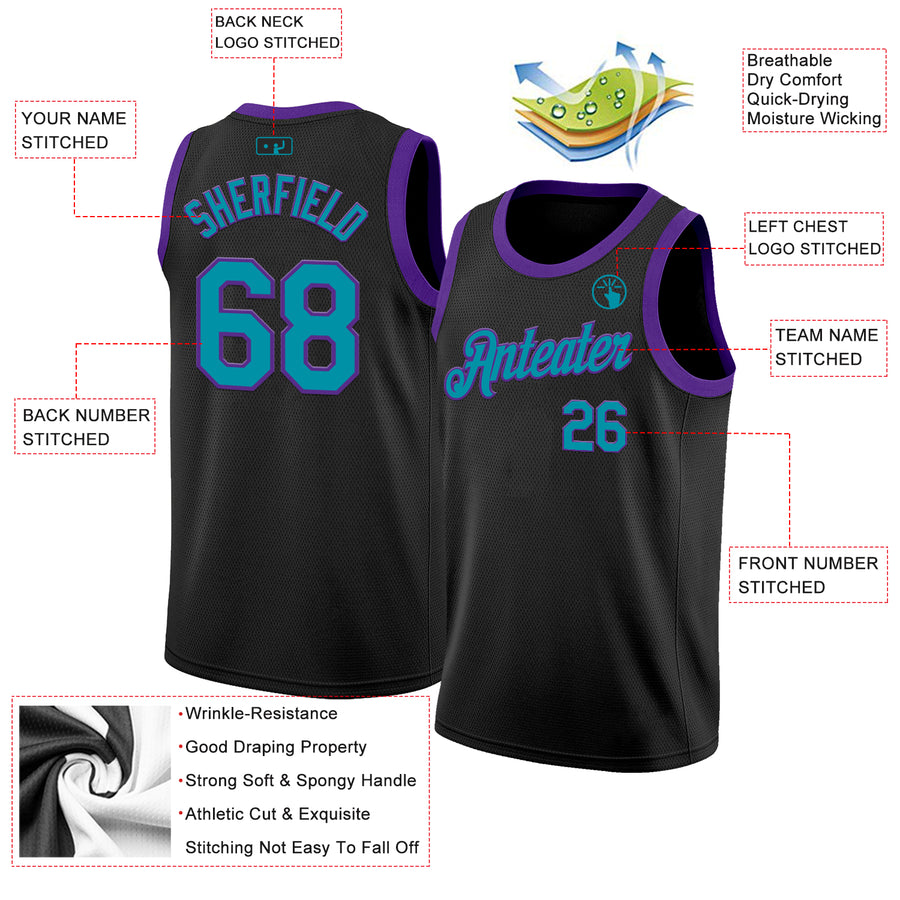 Custom Black Teal-Purple Authentic Basketball Jersey