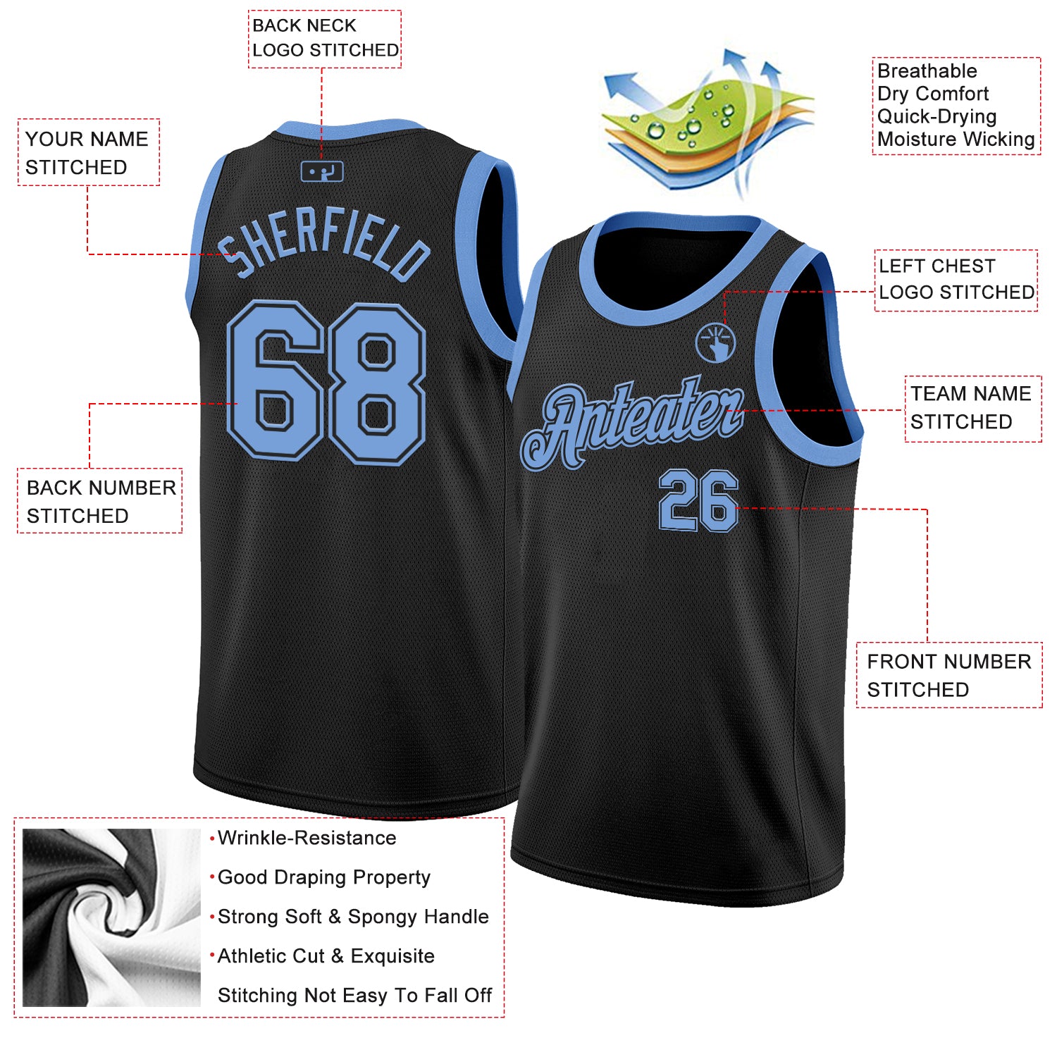Custom Black Light Blue Authentic Basketball Jersey