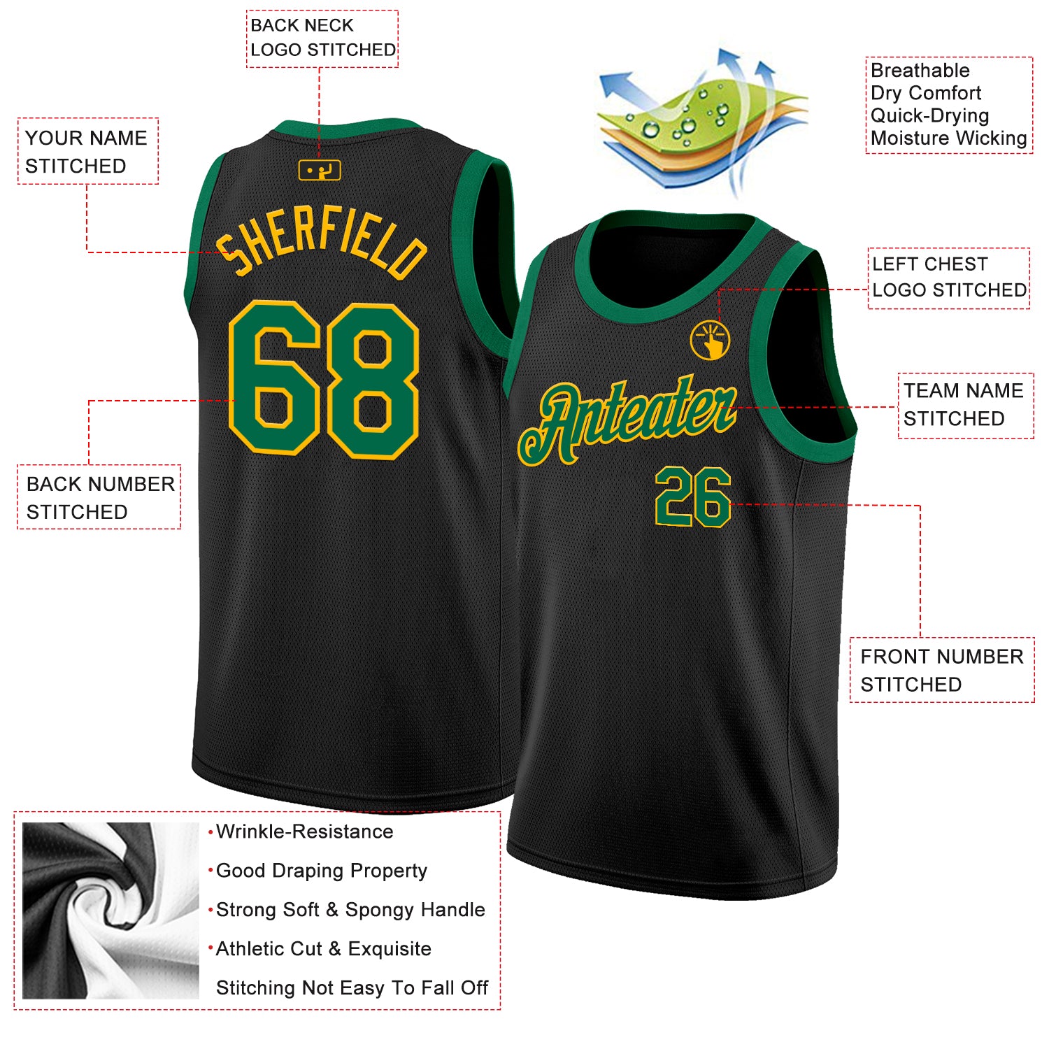 Custom Black Kelly Green-Gold Authentic Basketball Jersey