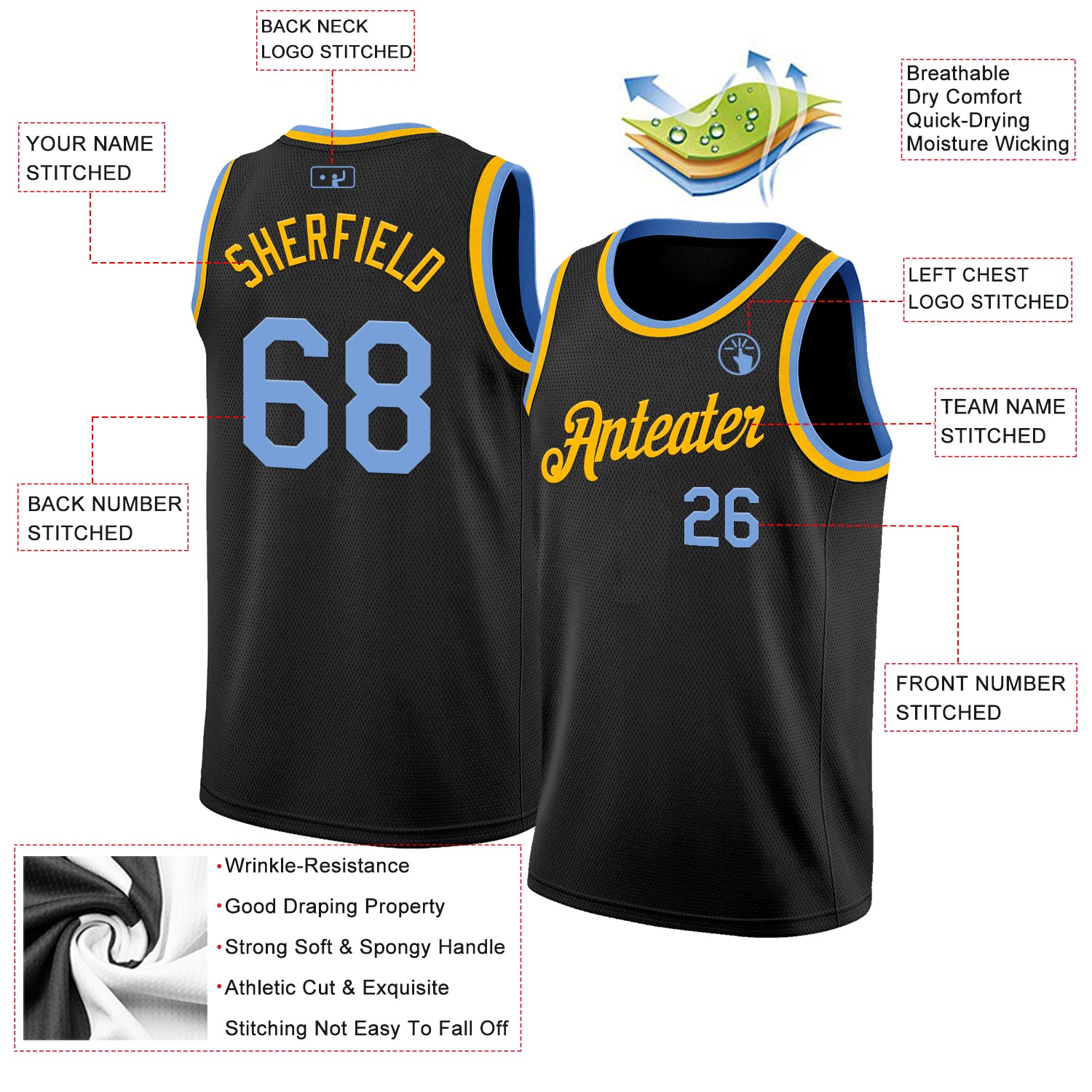 Custom Black Light Blue-Gold Authentic Basketball Jersey
