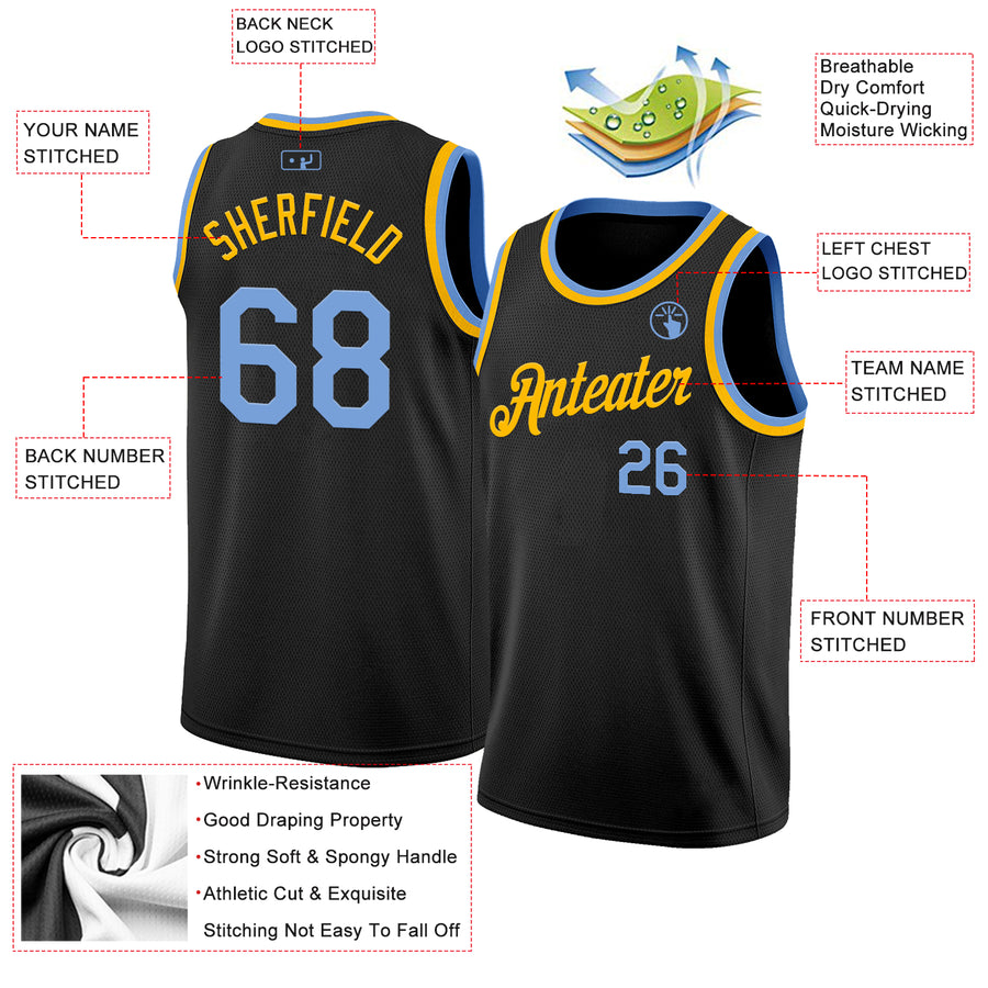 Custom Black Light Blue-Gold Authentic Basketball Jersey