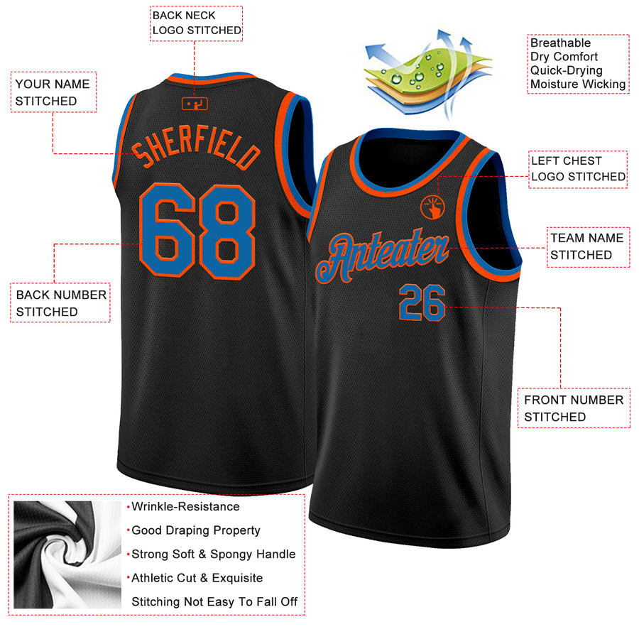 Custom Black Blue-Orange Authentic Basketball Jersey