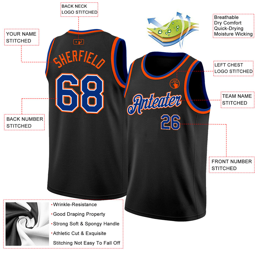 Custom Black Royal White-Orange Authentic Basketball Jersey