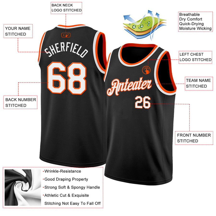 Custom Black White-Orange Authentic Basketball Jersey