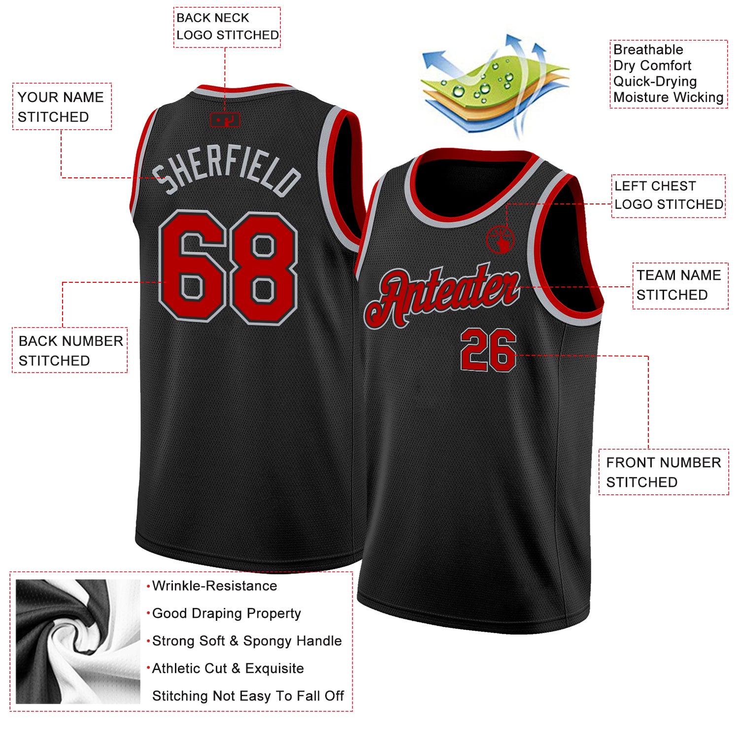 Custom Black Red-Gray Authentic Basketball Jersey