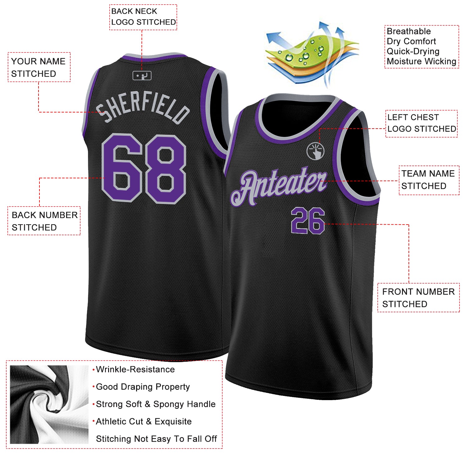 Custom Black Purple-Gray Authentic Basketball Jersey