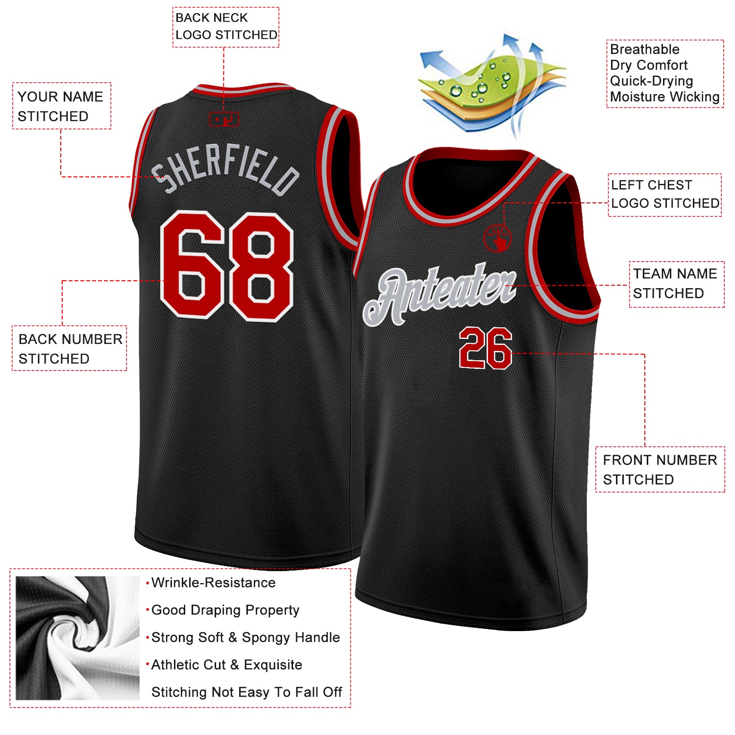 Custom Black Red White-Gray Authentic Basketball Jersey