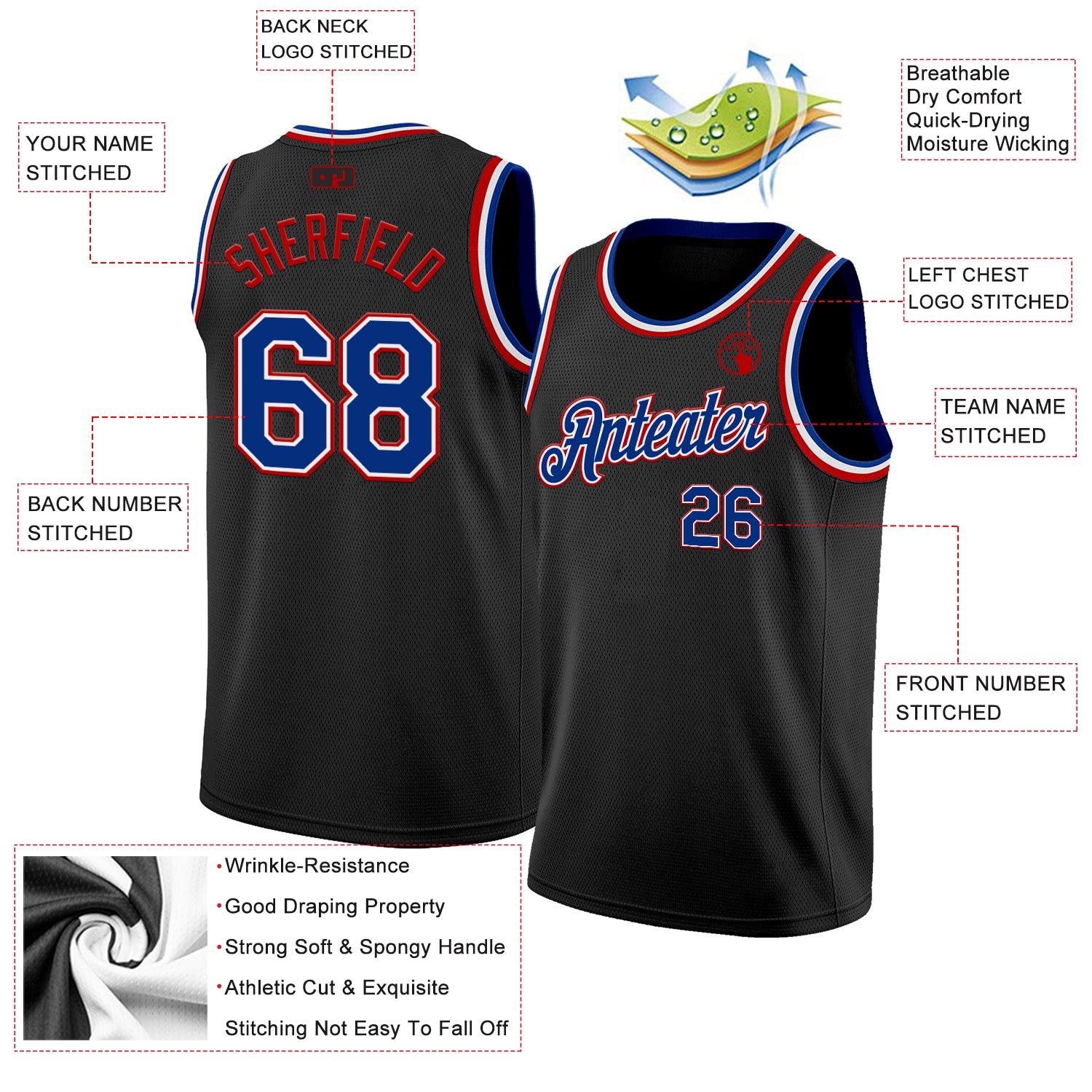 Custom Black Royal White-Red Authentic Basketball Jersey