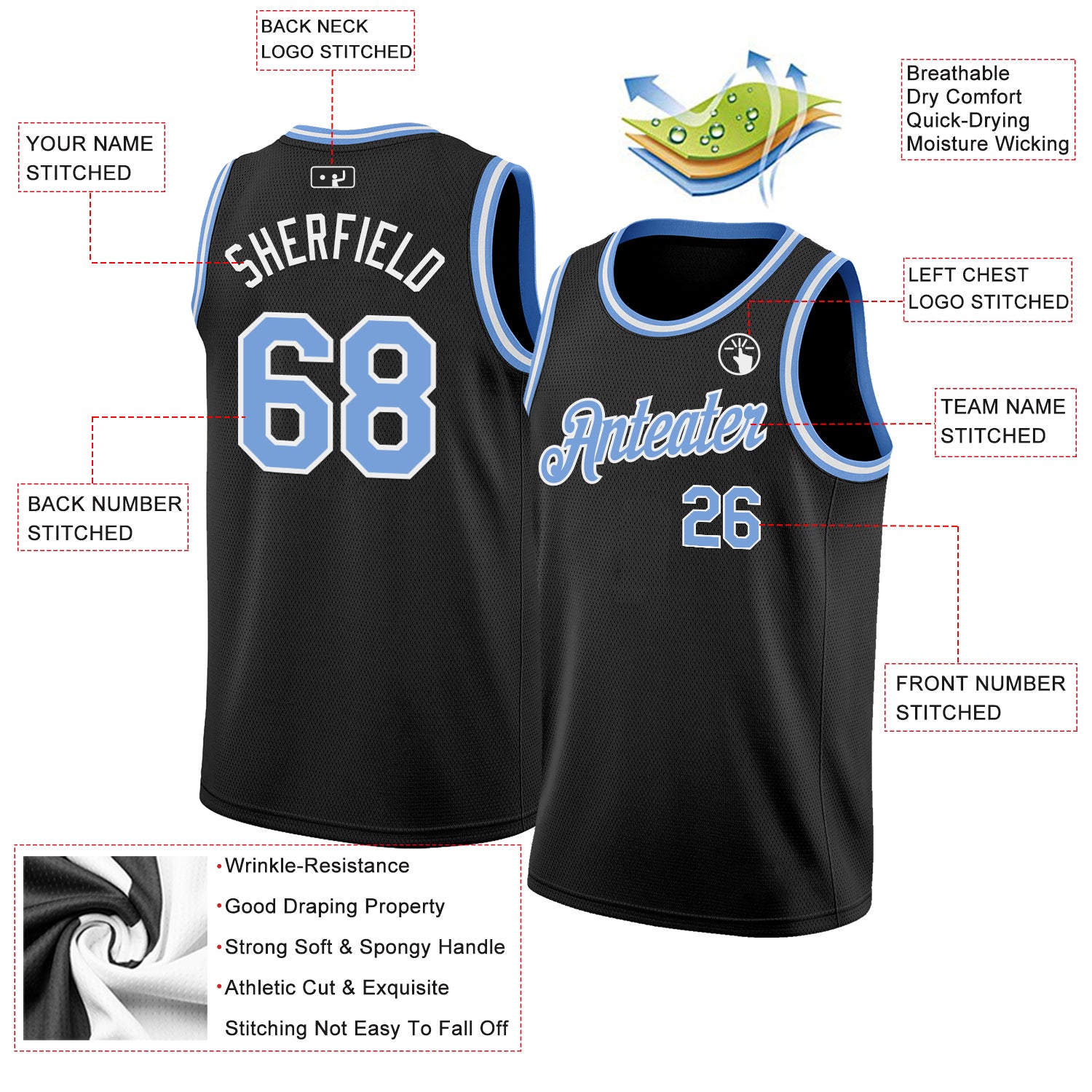 Custom Black Light Blue-White Authentic Basketball Jersey