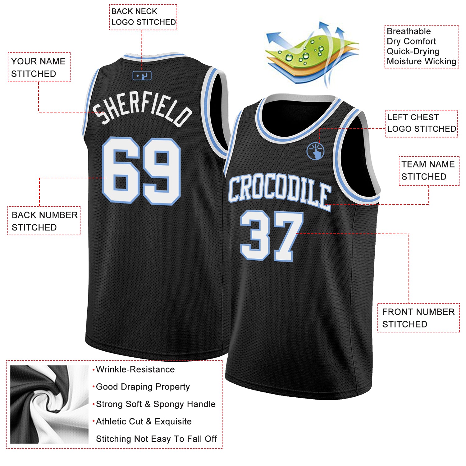 Custom Black White-Light Blue Authentic Basketball Jersey