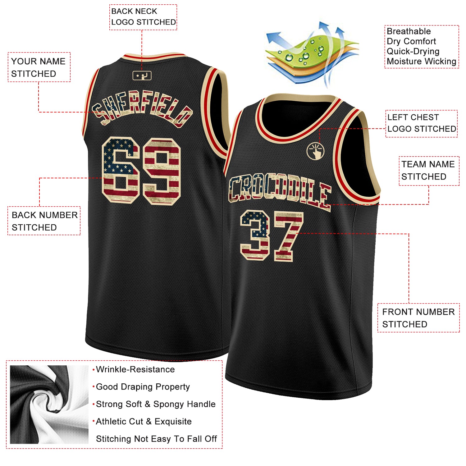 Custom Black Vintage USA Flag Cream-Red Authentic Basketball Jersey