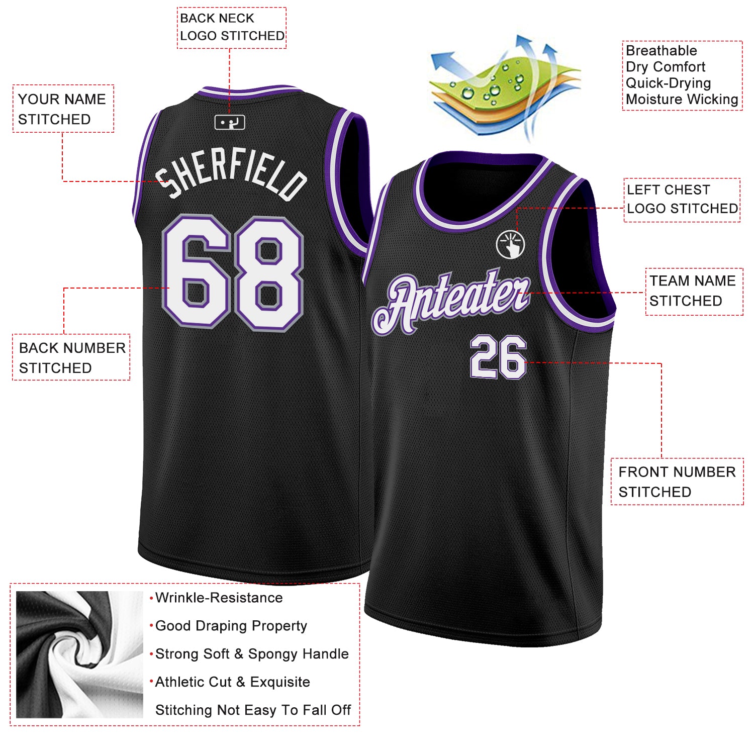 Custom Black White Purple-Gray Authentic Basketball Jersey