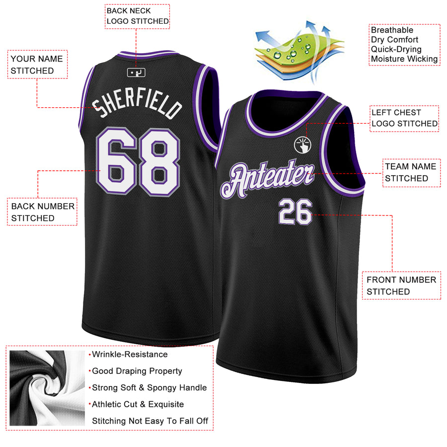 Custom Black White Purple-Gray Authentic Basketball Jersey