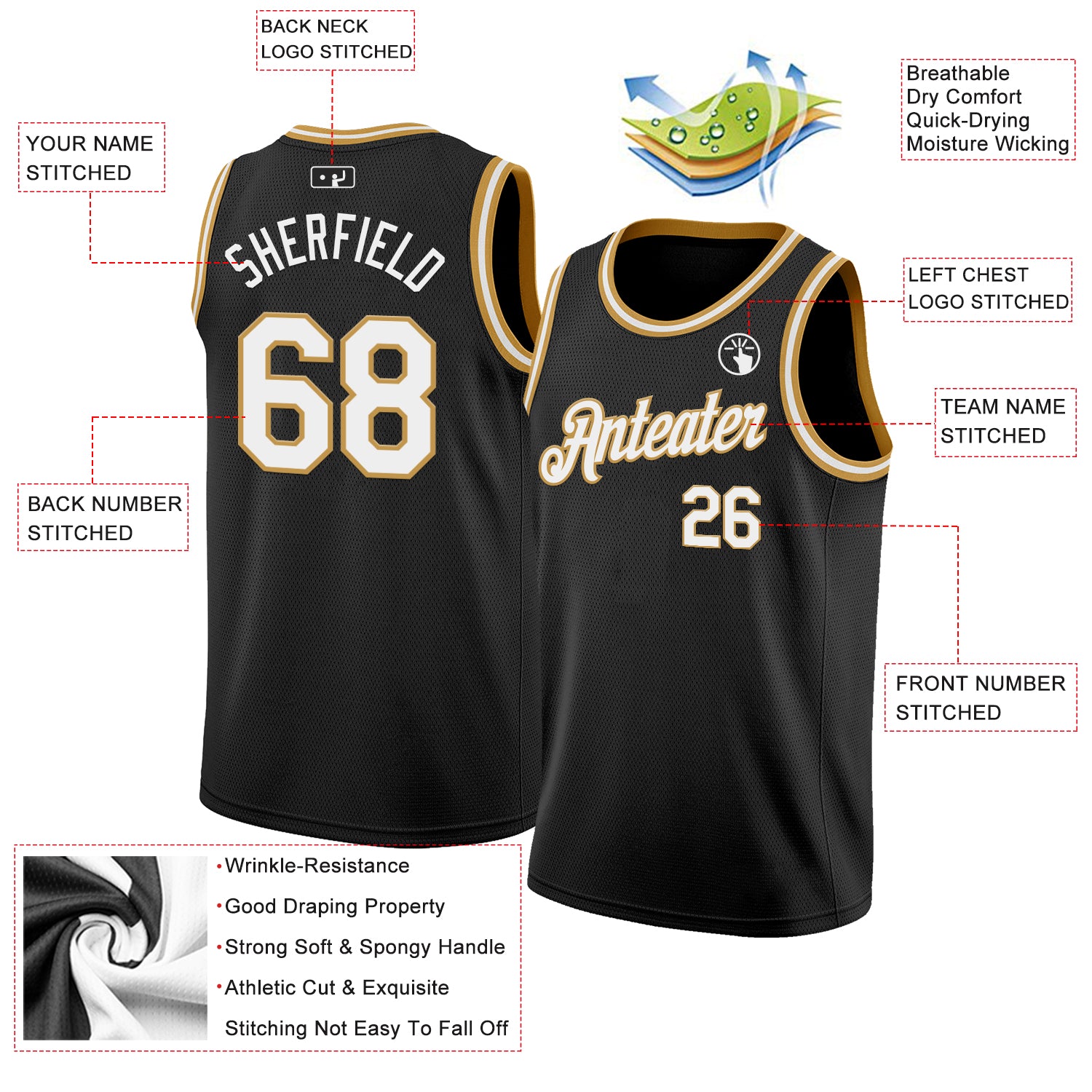 Custom Black White-Old Gold Authentic Basketball Jersey
