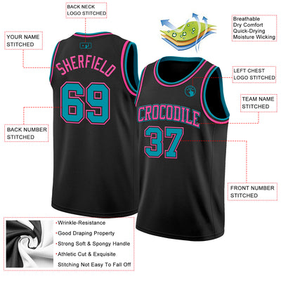 Custom Black Teal-Pink Authentic Basketball Jersey
