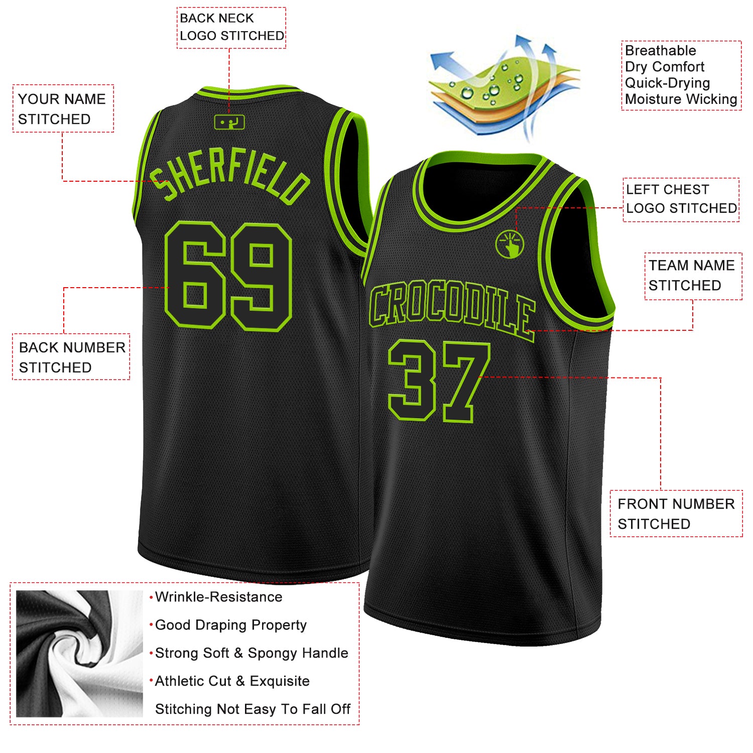 Custom Black Neon Green Authentic Basketball Jersey