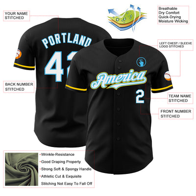 Custom Black White Sky Blue-Yellow Authentic Baseball Jersey