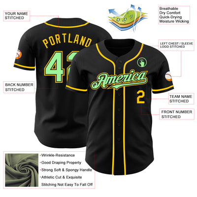 Custom Black Pea Green-Yellow Authentic Baseball Jersey