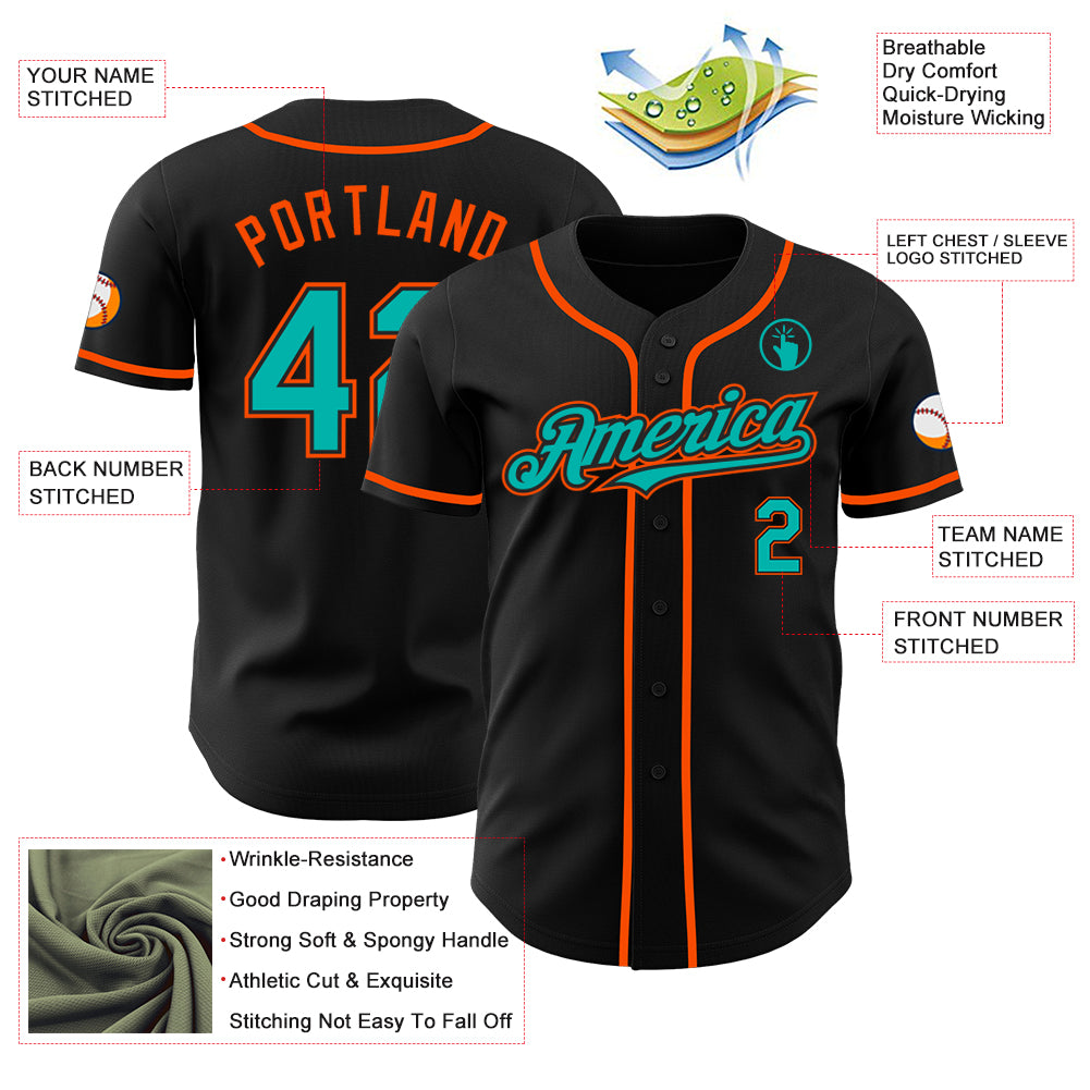Custom Black Aqua-Orange Authentic Baseball Jersey