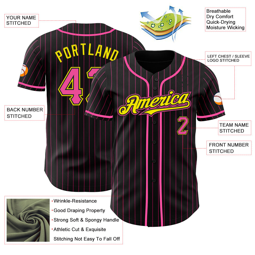 Custom Black Pink Pinstripe Light Yellow Authentic Baseball Jersey