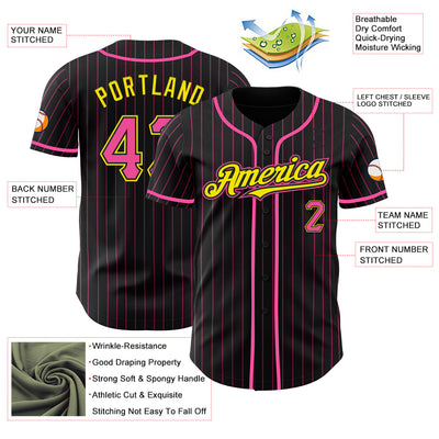 Custom Black Pink Pinstripe Light Yellow Authentic Baseball Jersey