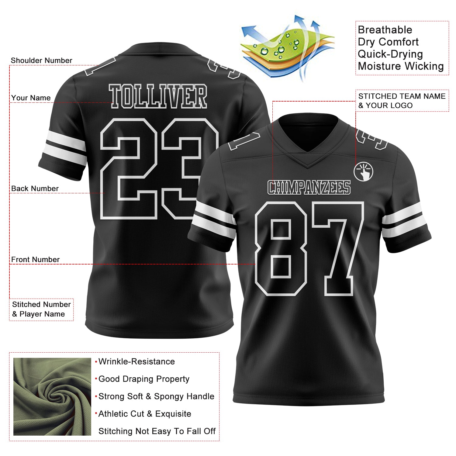 Custom Black White Authentic Football Jersey