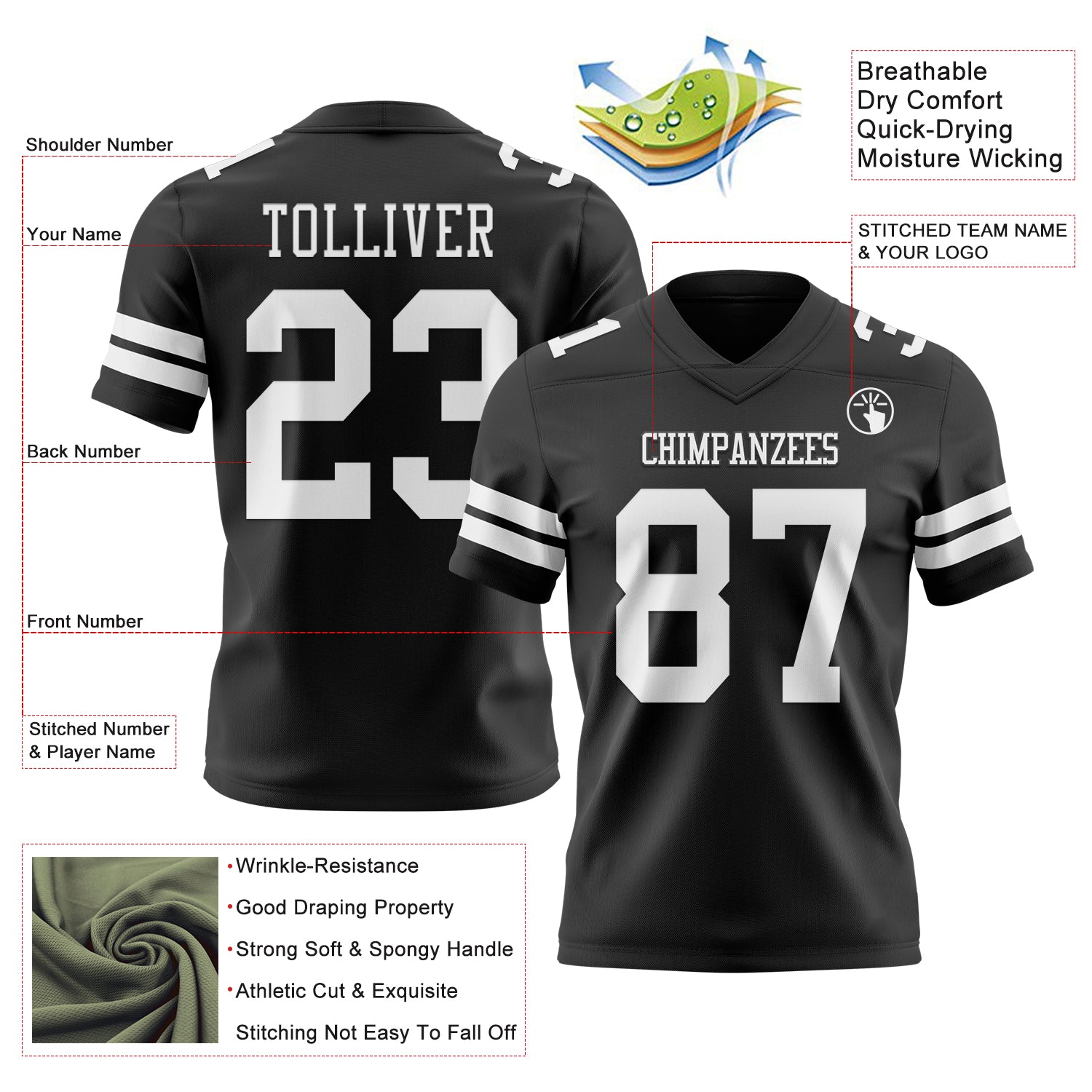 Custom Black White Authentic Football Jersey