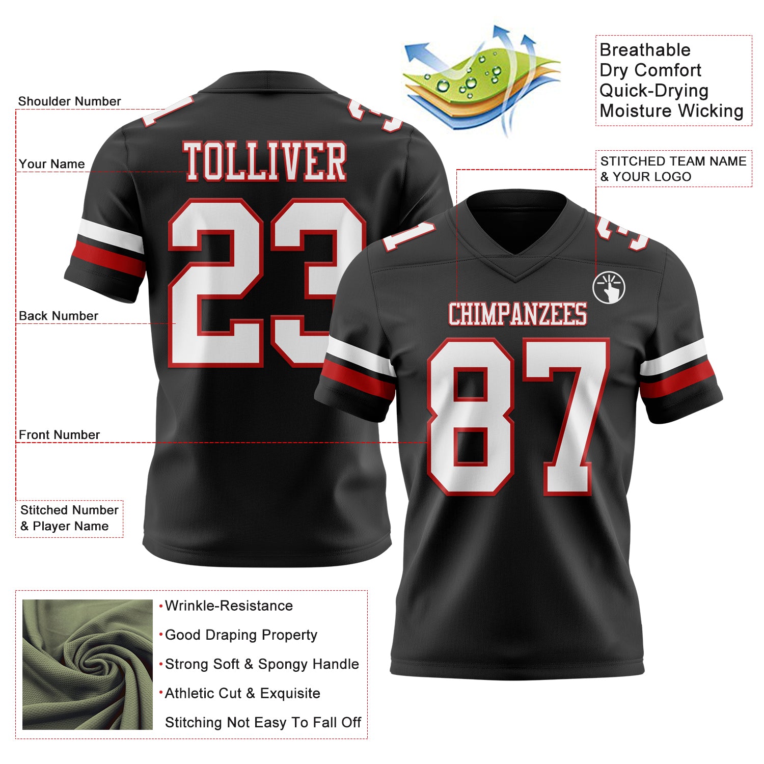 Custom Black White-Red Authentic Football Jersey