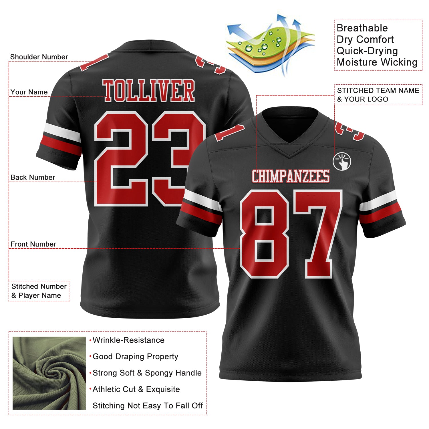 Custom Black Red-White Authentic Football Jersey