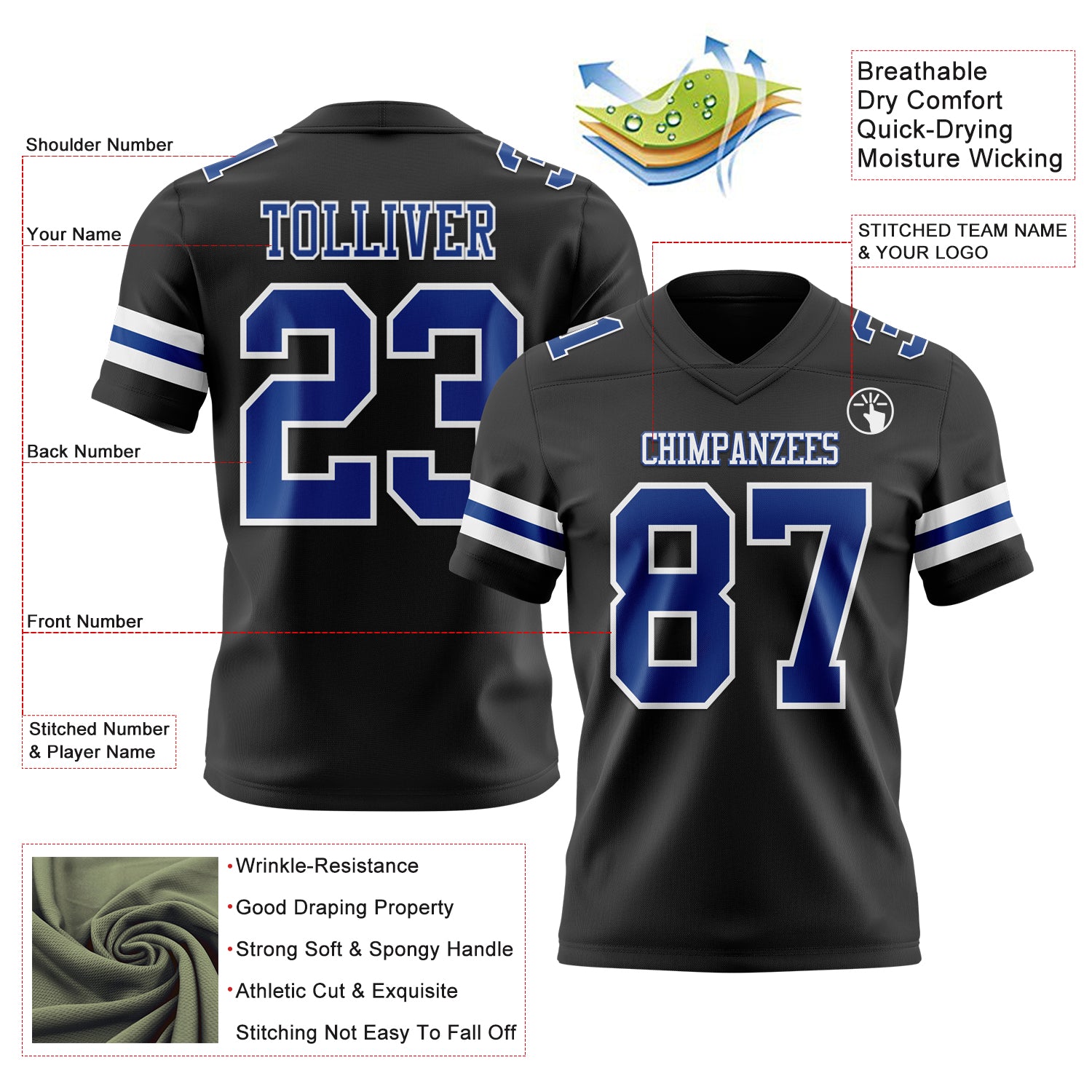 Custom Black Royal-White Authentic Football Jersey