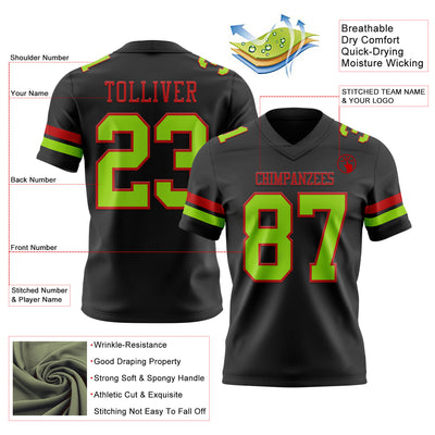 Custom Black Neon Green-Red Authentic Football Jersey