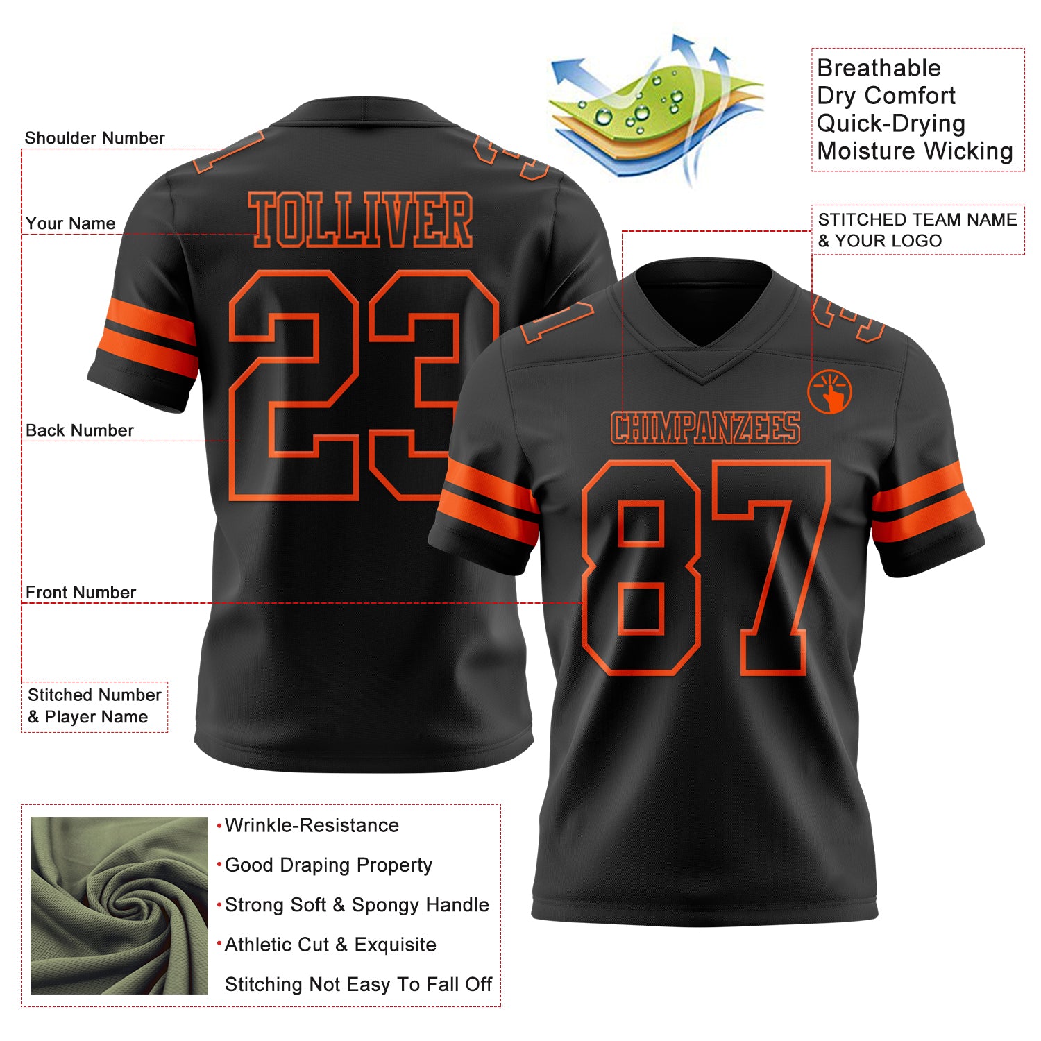 Custom Black Orange Authentic Football Jersey
