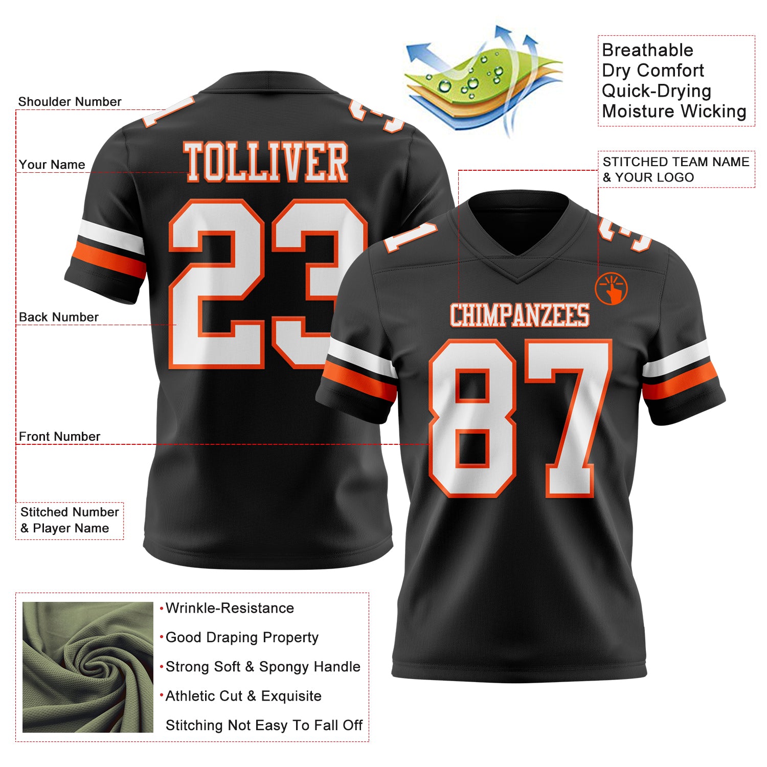 Custom Black White-Orange Authentic Football Jersey