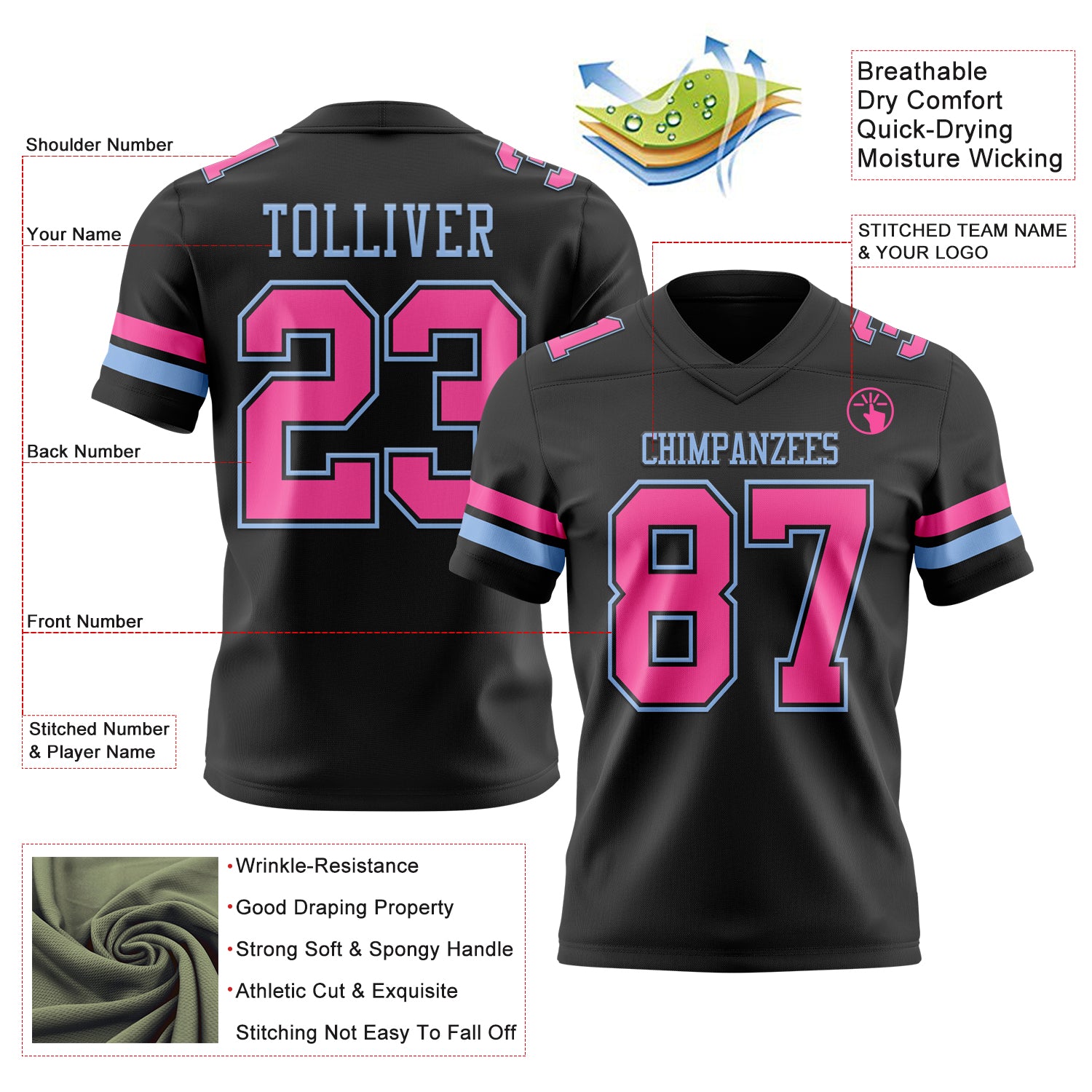 Custom Black Pink-Light Blue Authentic Football Jersey