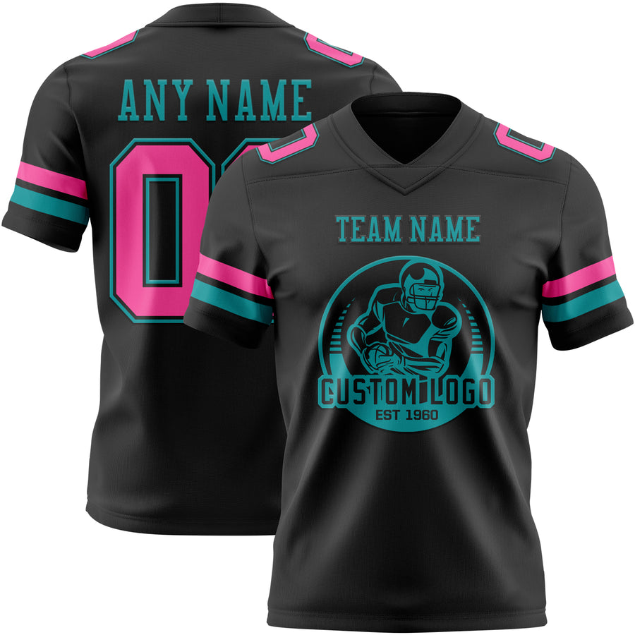 Custom Black Pink-Teal Authentic Football Jersey
