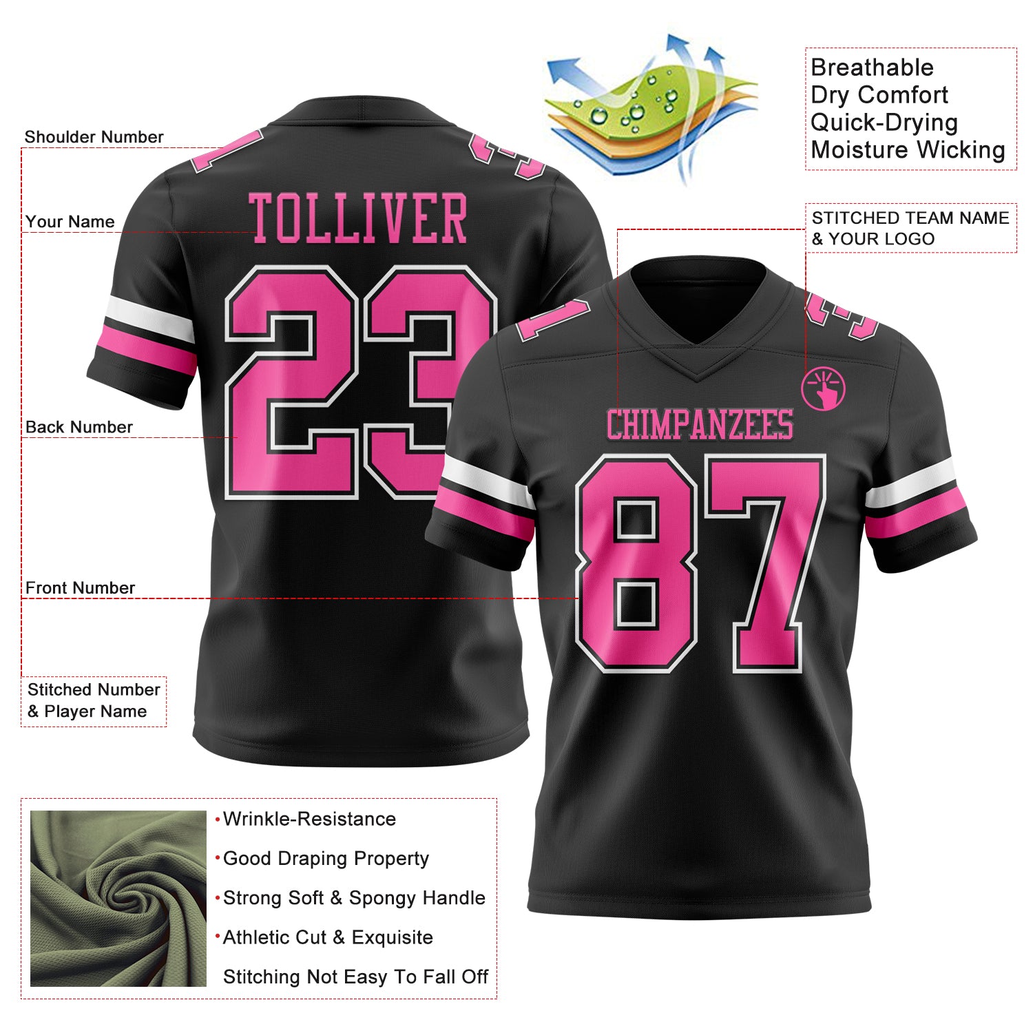 Custom Black Pink-White Authentic Football Jersey