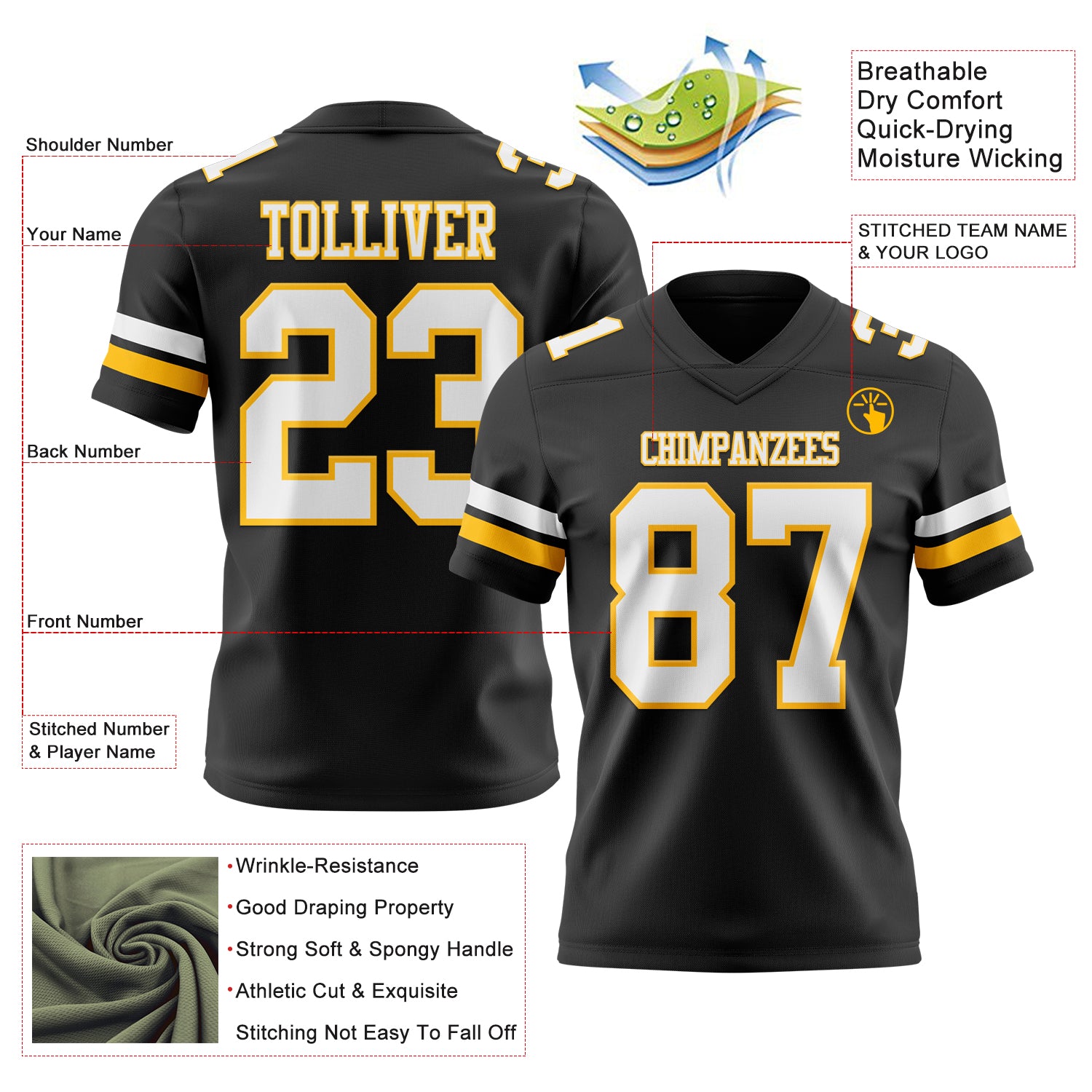 Custom Black White-Gold Authentic Football Jersey