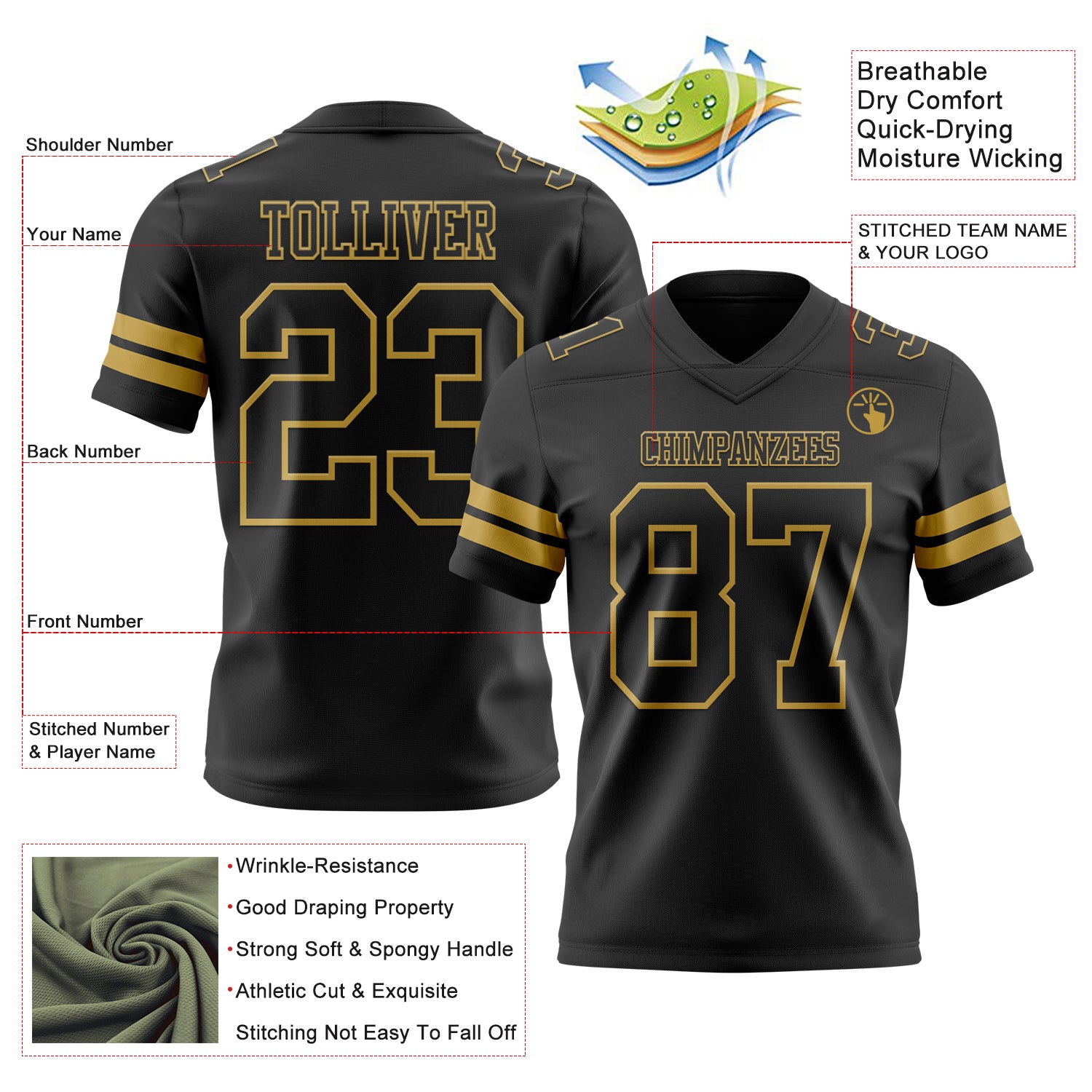 Custom Black Old Gold Authentic Football Jersey
